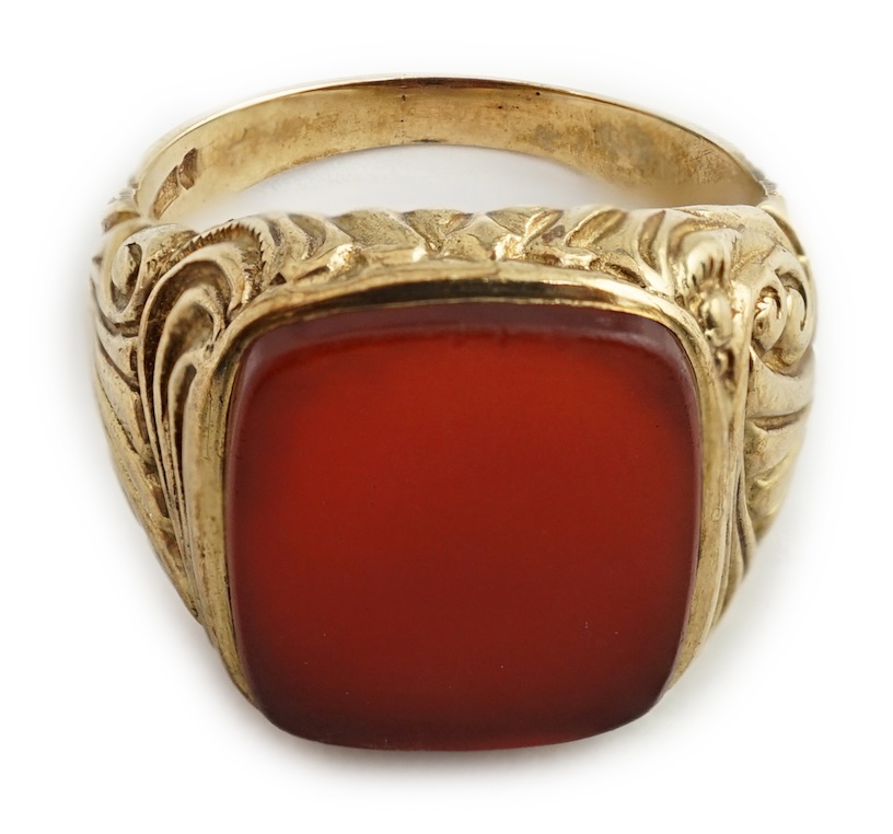 A 1970's Victorian style 9ct gold and carnelian set signet ring